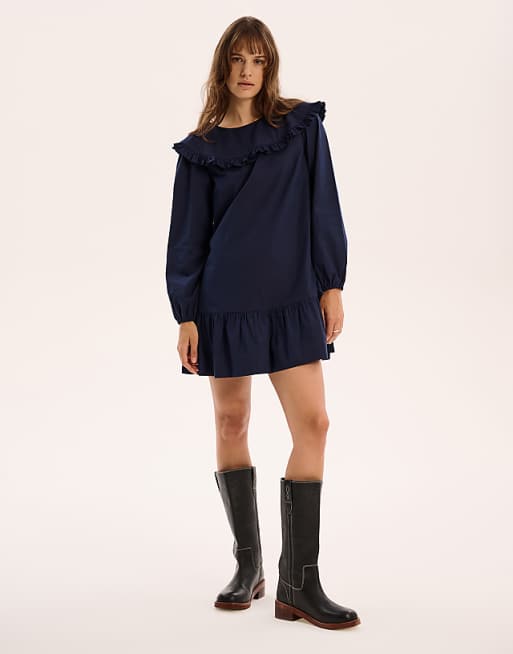 Asos OMNES Emili Frill Mini Dress In Navy