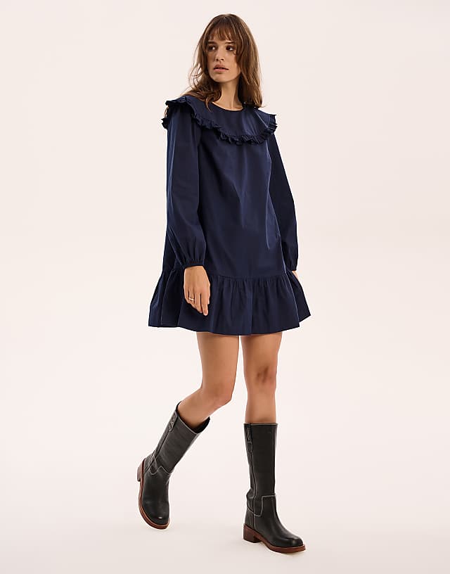 asos OMNES Emili Frill Mini Dress in navy