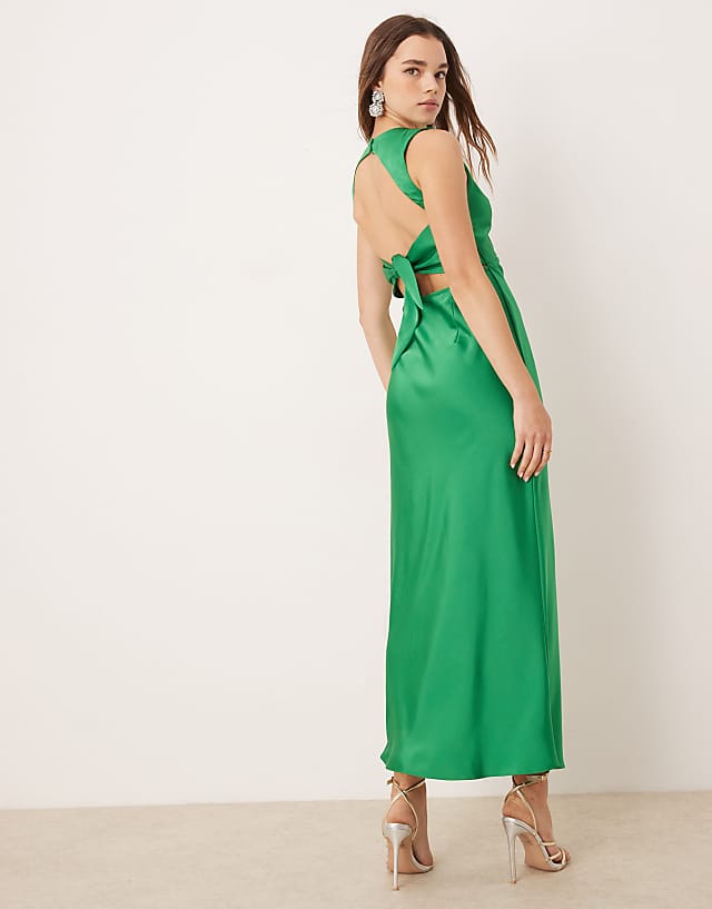 Asos OMNES Nova Satin Tie Back Dress In Green