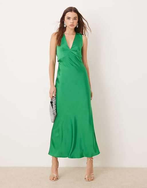 asos OMNES Nova Satin Tie Back Dress in Green
