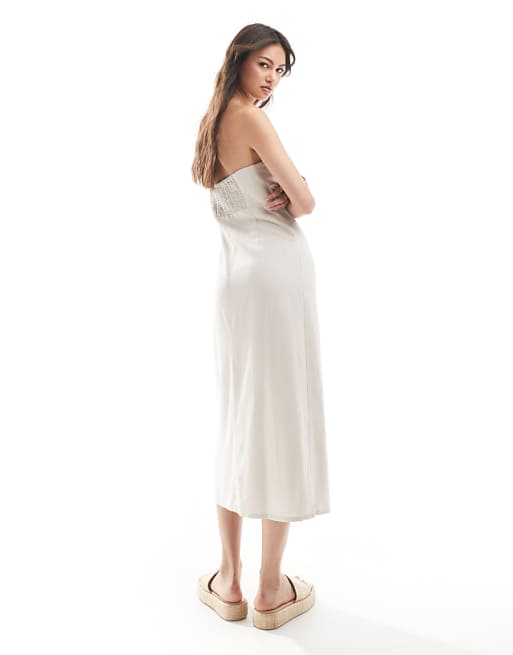 Asos ONLY Linen Mix Bandeau Midi Dress In Stone
