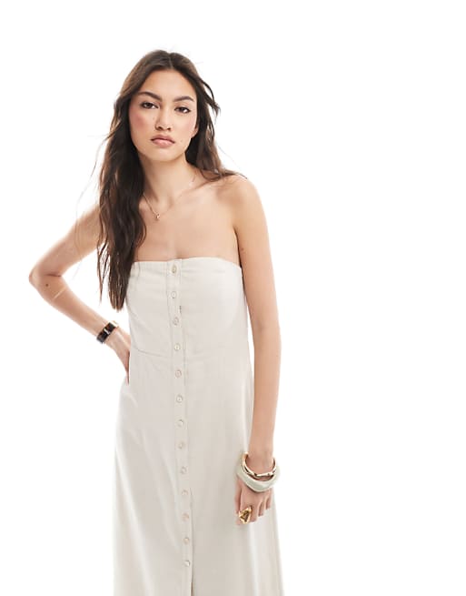 Asos ONLY Linen Mix Bandeau Midi Dress In Stone