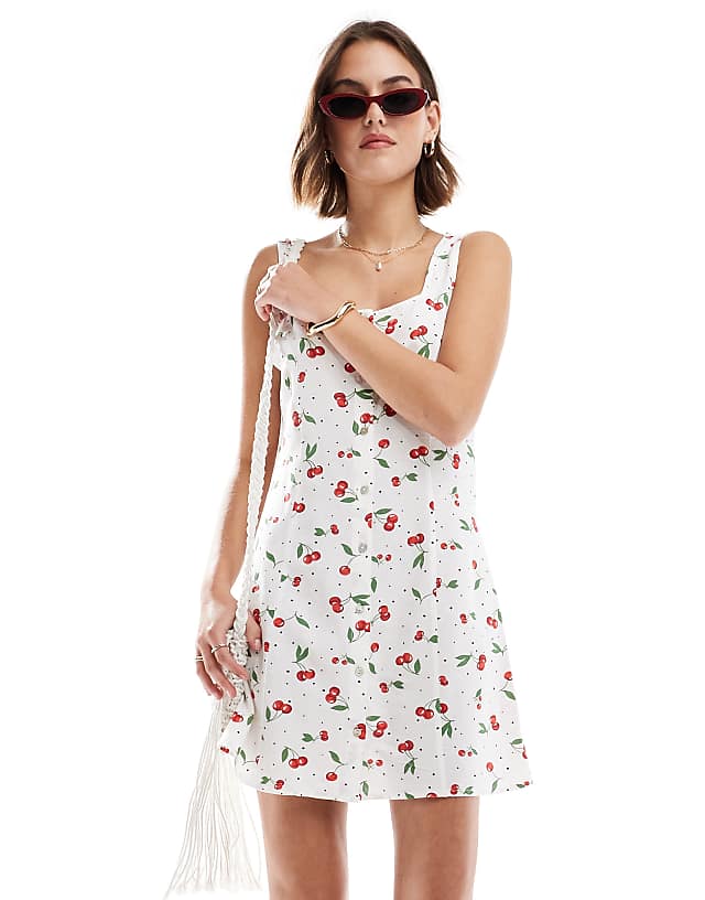 Asos ONLY Linen Mix Mini Dress In Cherry Print