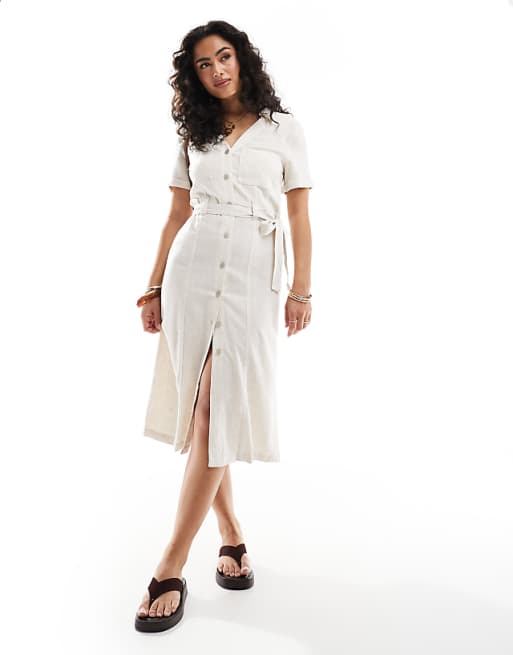 Asos ONLY Linen Mix Tie Waist Shirt Dress In Cream