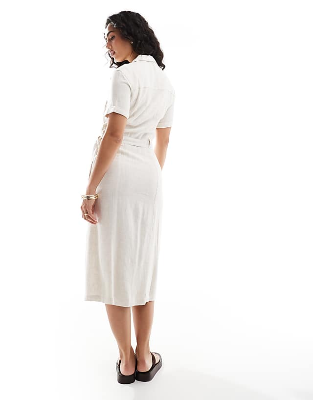 Asos ONLY Linen Mix Tie Waist Shirt Dress In Cream