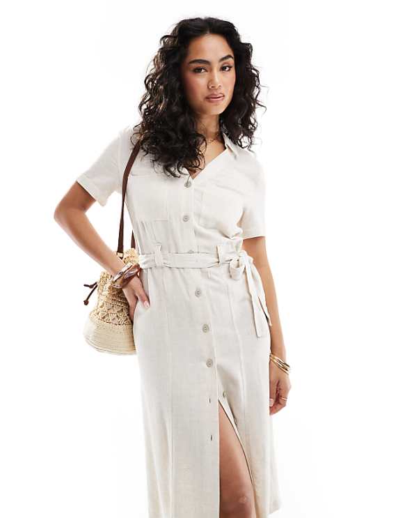 asos ONLY linen mix tie waist shirt dress in cream