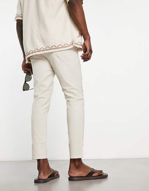 Asos ONLY & SONS Linen Mix Cropped Trouser In Beige