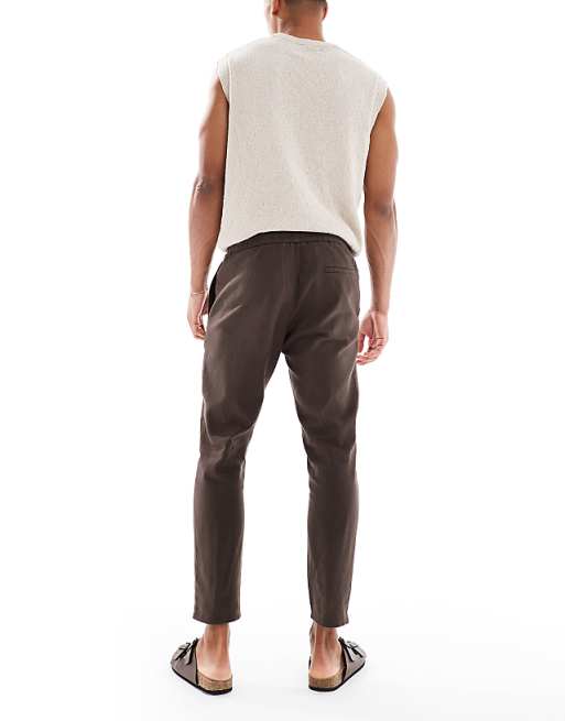 Asos ONLY & SONS Linen Mix Cropped Trouser In Brown