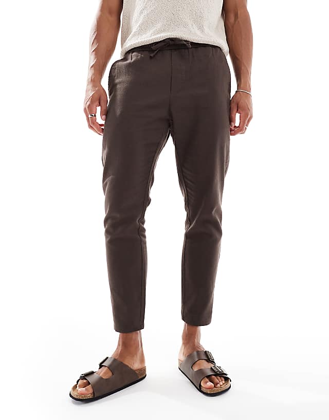 Asos ONLY & SONS Linen Mix Cropped Trouser In Brown