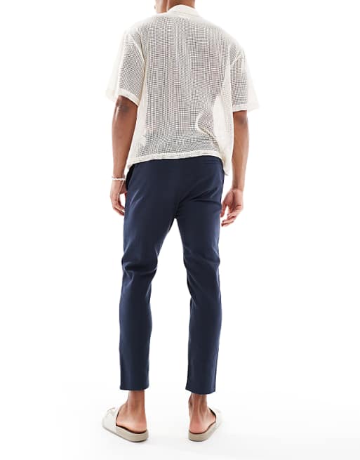 Asos ONLY & SONS Linen Mix Cropped Trouser In Navy