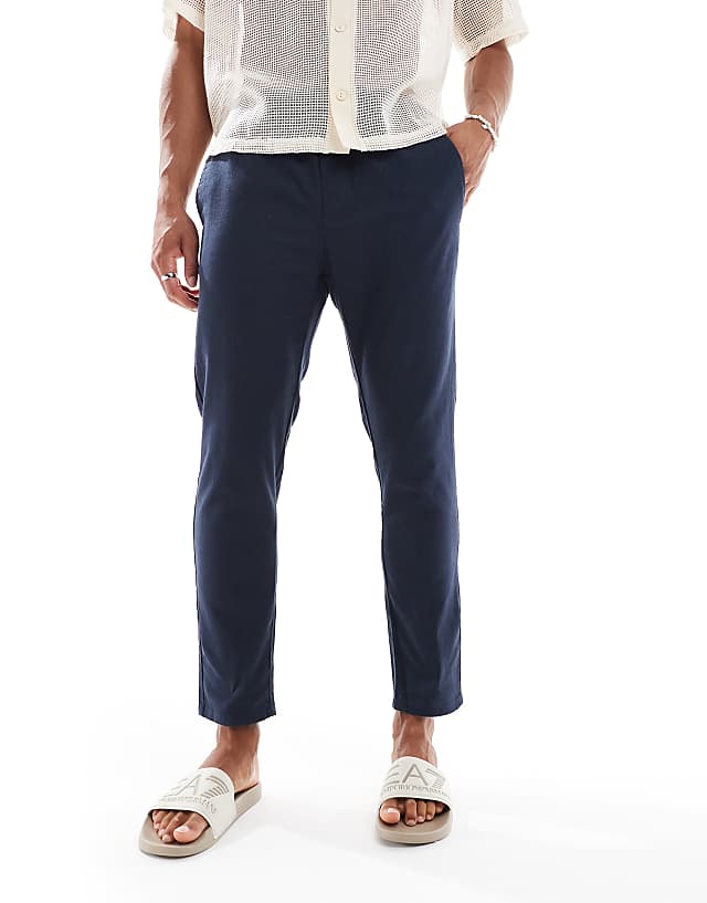 Asos ONLY & SONS Linen Mix Cropped Trouser In Navy