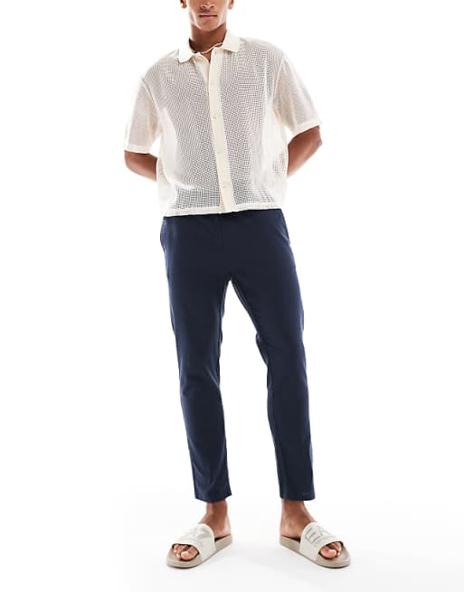 asos ONLY & SONS linen mix cropped trouser in navy