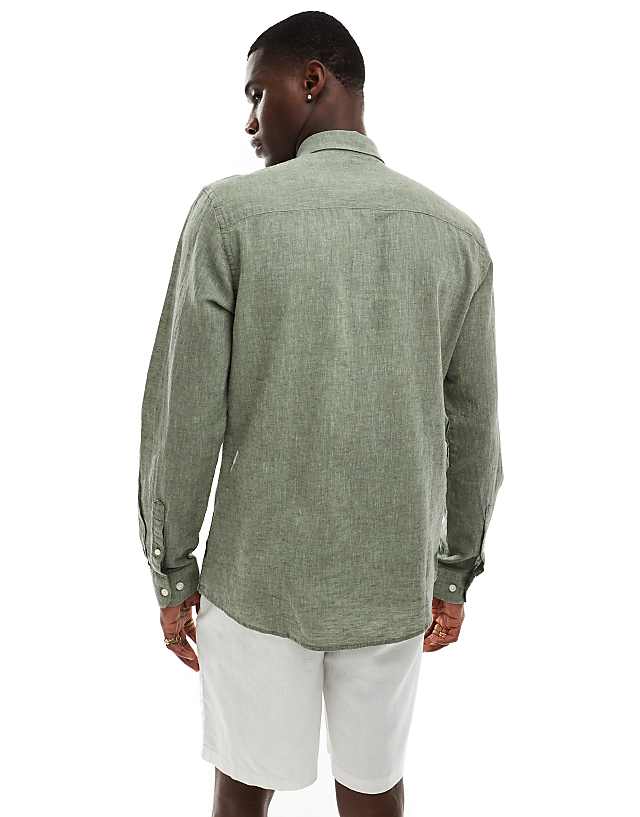 Asos ONLY & SONS Linen Mix Long Sleeve Shirt In Sage