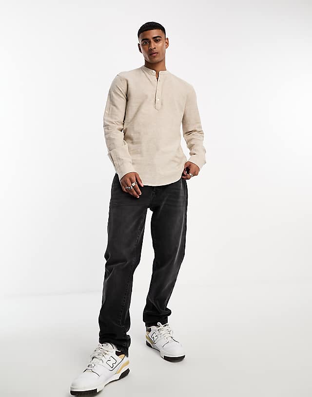 Asos ONLY & SONS Linen Mix Overhead Shirt In Beige