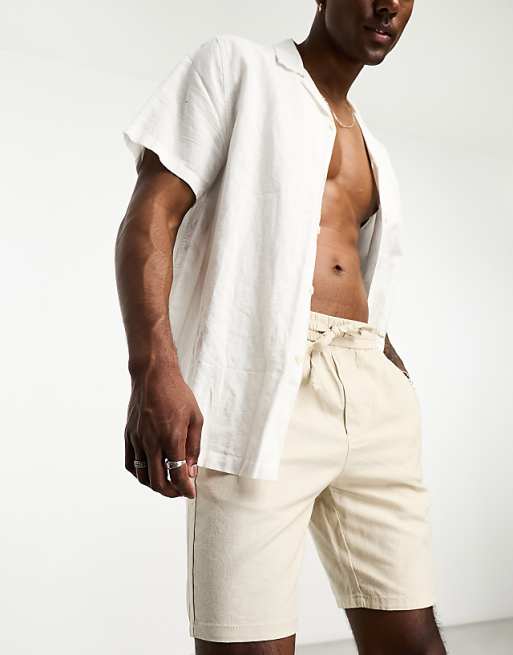 Asos ONLY & SONS Linen Mix Tie Waist Shorts In Beige