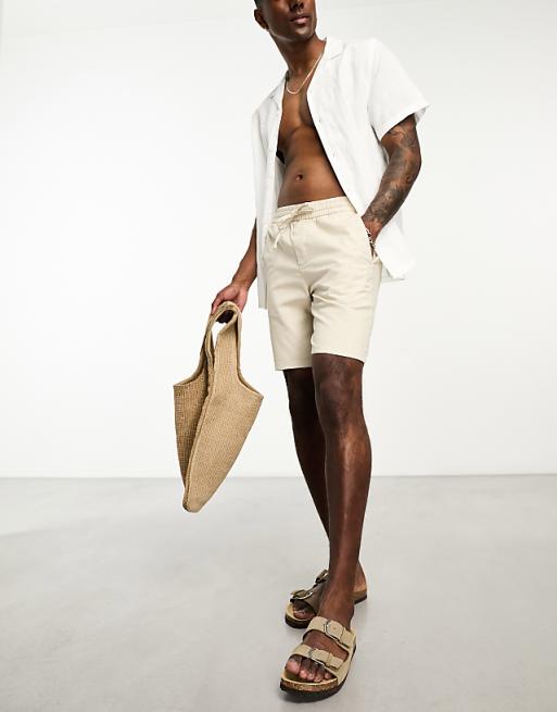 Asos ONLY & SONS Linen Mix Tie Waist Shorts In Beige