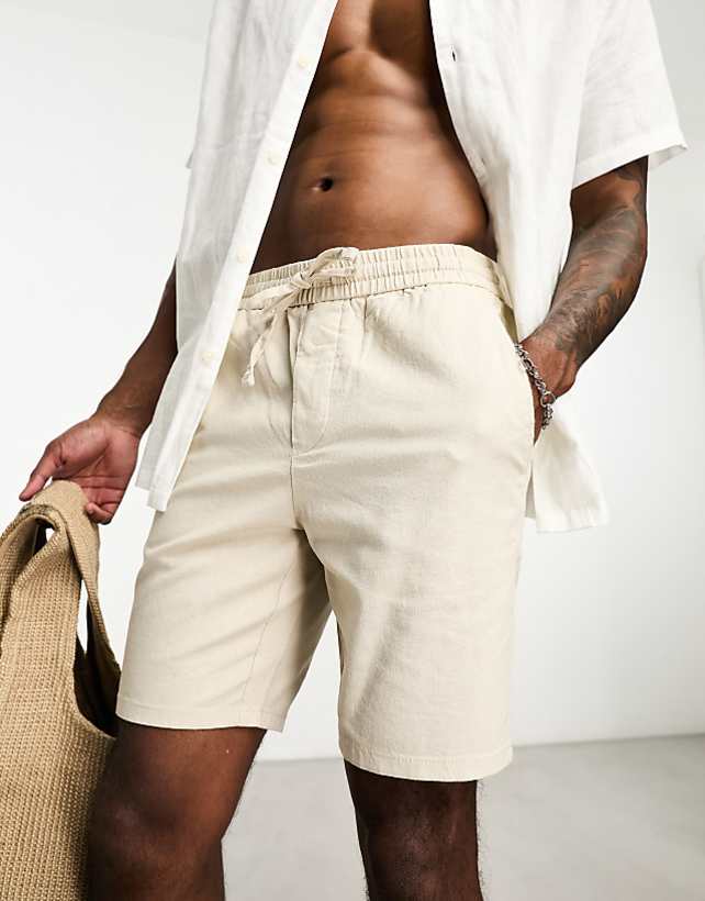 asos ONLY & SONS linen mix tie waist shorts in beige