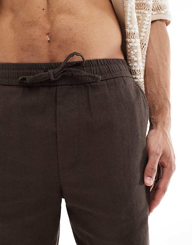 Asos ONLY & SONS Linen Mix Tie Waist Shorts In Brown