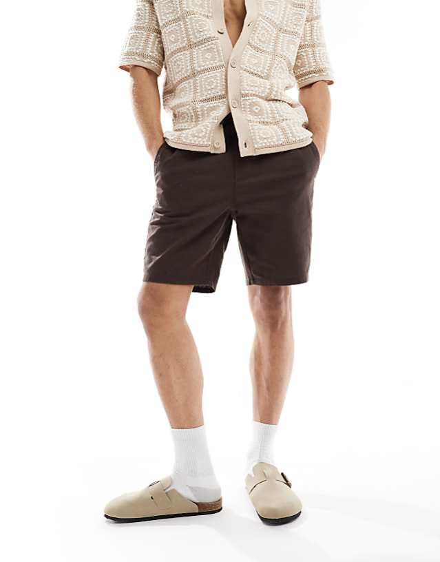 asos ONLY & SONS linen mix tie waist shorts in brown