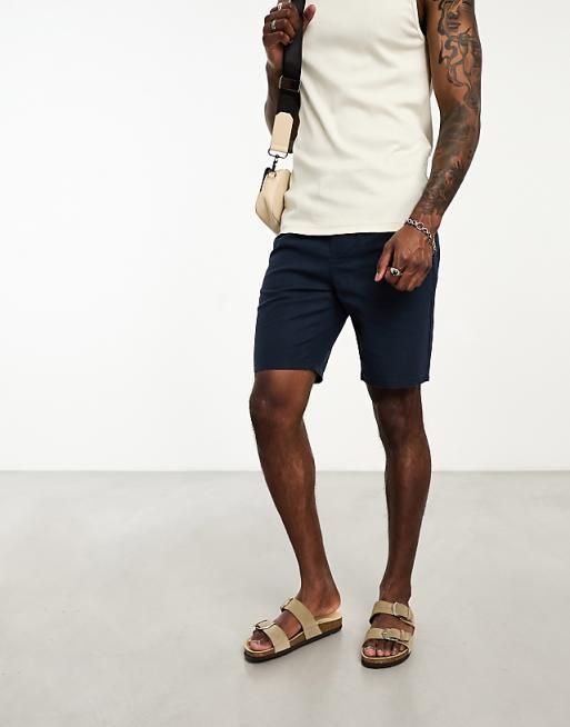 Asos ONLY & SONS Linen Mix Tie Waist Shorts In Navy