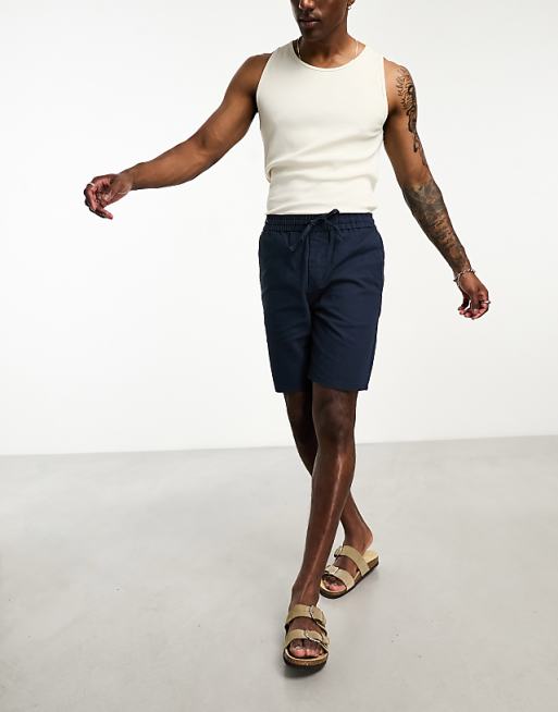 Asos ONLY & SONS Linen Mix Tie Waist Shorts In Navy