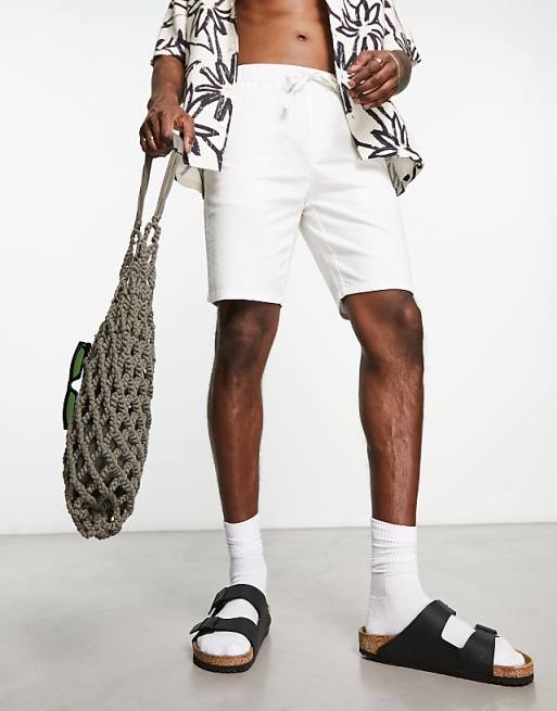 Asos ONLY & SONS Linen Mix Tie Waist Shorts In White