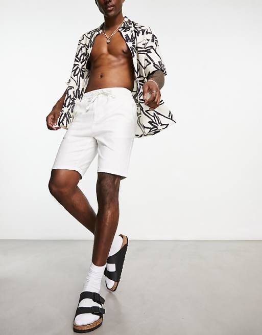 Asos ONLY & SONS Linen Mix Tie Waist Shorts In White