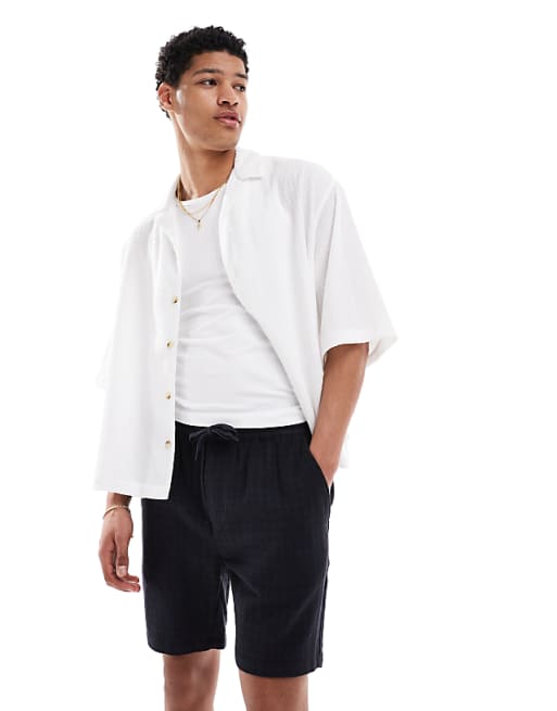 Asos ONLY & SONS Textured Linen Mix Short In Navy