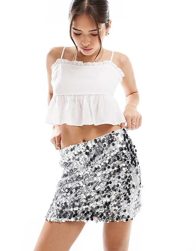 asos Pieces sequin mini skirt in silver