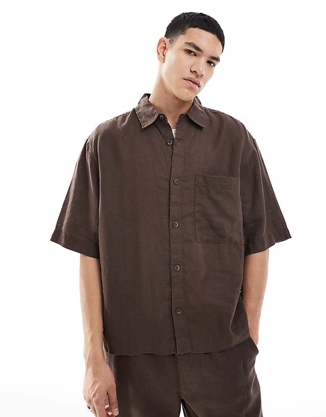 asos Pull&Bear 100% linen co-ord shirt in brown