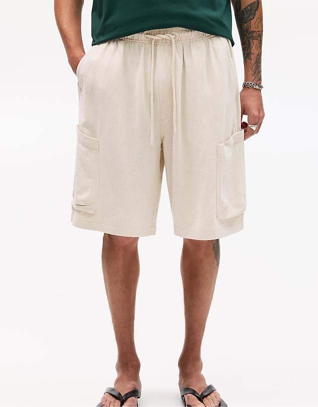 Asos Pull&Bear Linen Cargo Bermuda Shorts In Beige