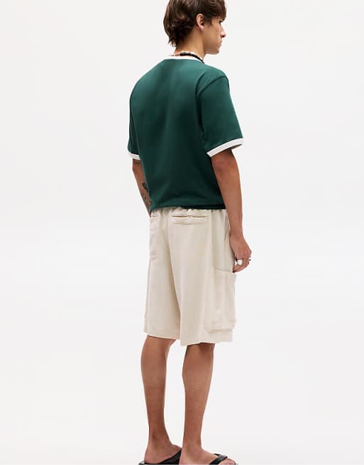 Asos Pull&Bear Linen Cargo Bermuda Shorts In Beige