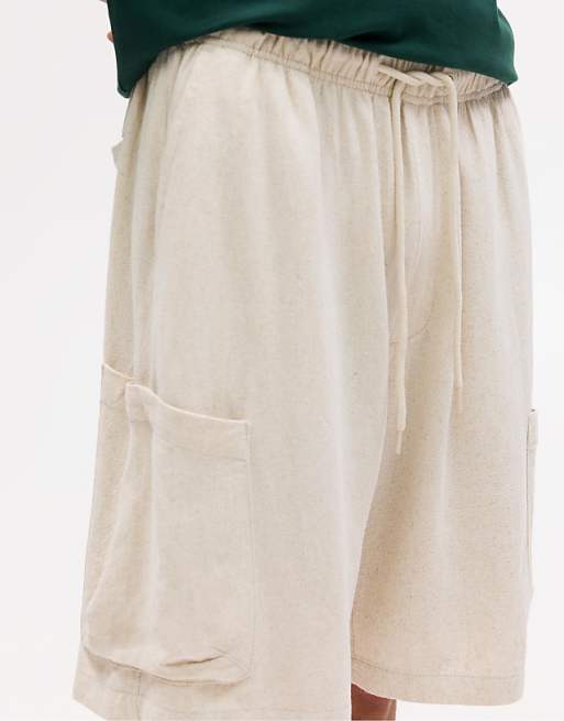 Asos Pull&Bear Linen Cargo Bermuda Shorts In Beige