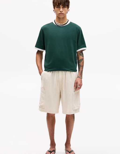 asos Pull&Bear linen cargo bermuda shorts in beige