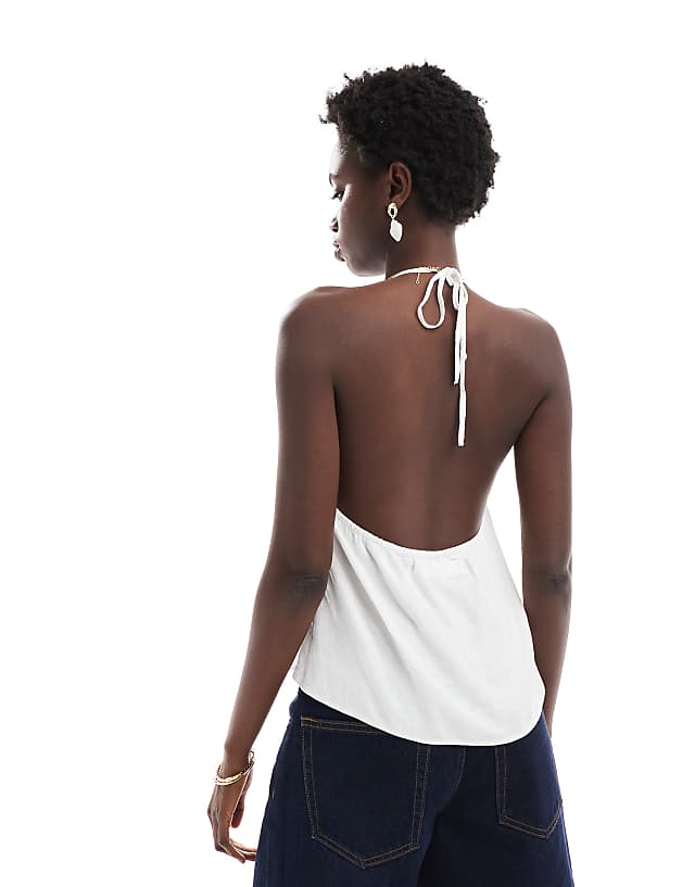 Asos Pull&Bear Linen Halterneck Top In White