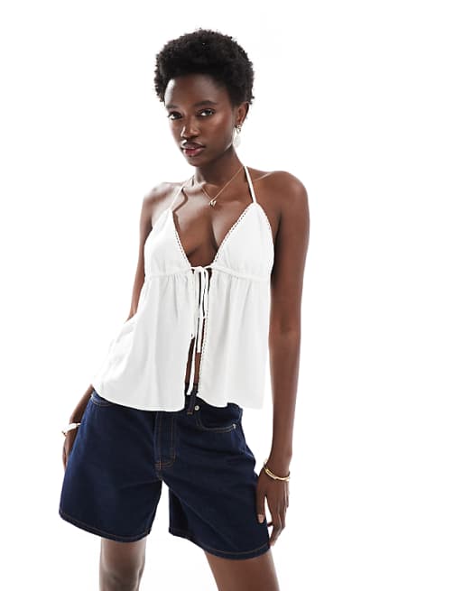 asos Pull&Bear linen halterneck top in white