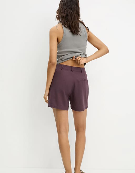 Asos Pull&Bear Linen Look Short In Burgundy