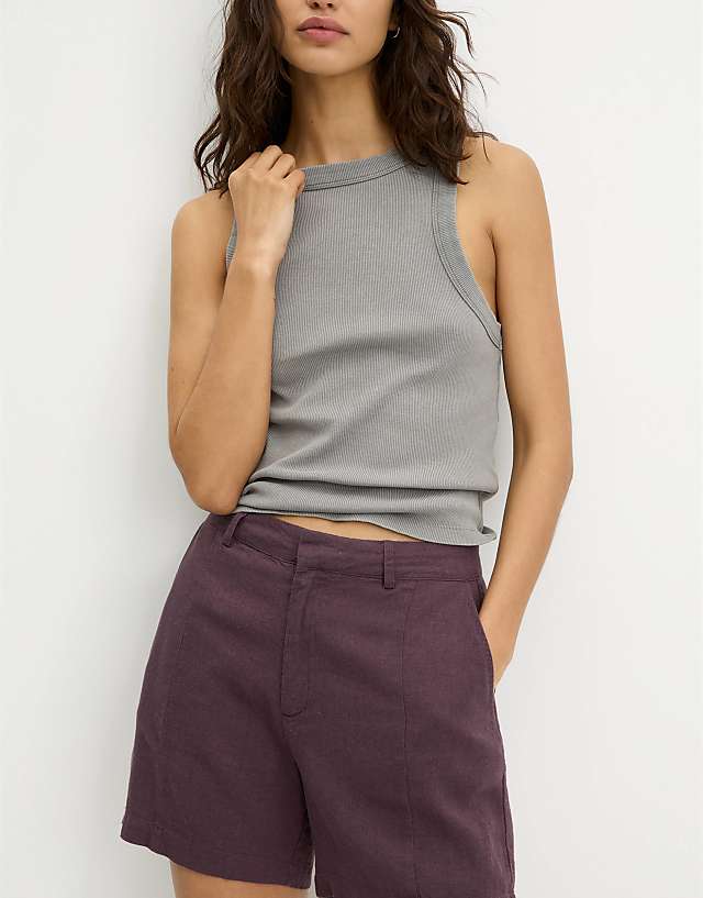 Asos Pull&Bear Linen Look Short In Burgundy