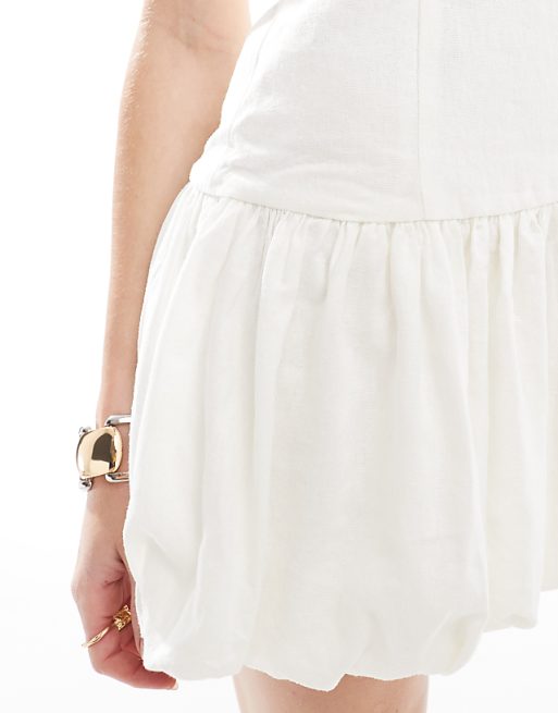 Asos Pull&Bear Linen Puff Ball Mini Dress In White