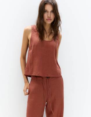 Asos Pull&Bear Linen Round Neck Shirt In Orange