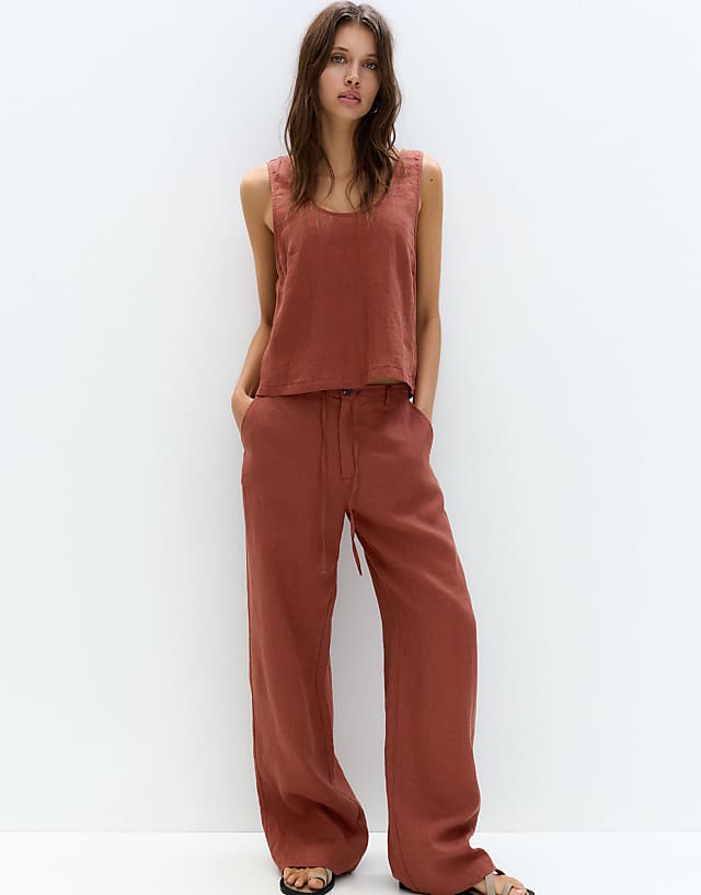 asos Pull&Bear linen round neck shirt in orange