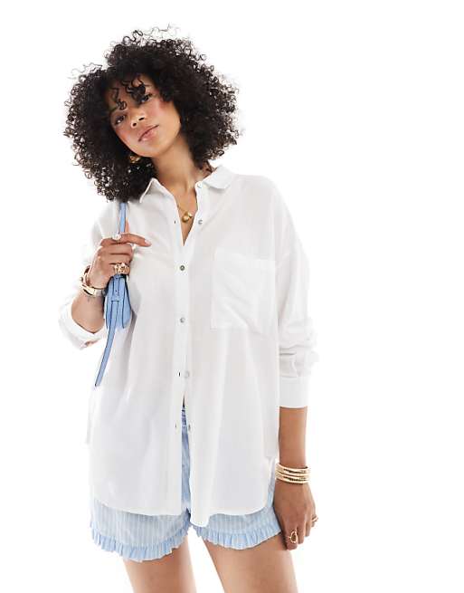 asos Pull&Bear oversized linen look shirt in white