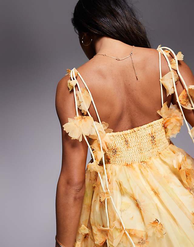 Asos River Island 3d Floral Trim Dress In Yellow