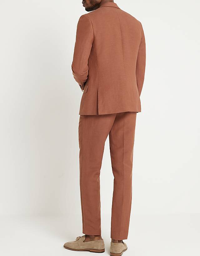 Asos River Island Linen Slim Suit Trouser In Rust