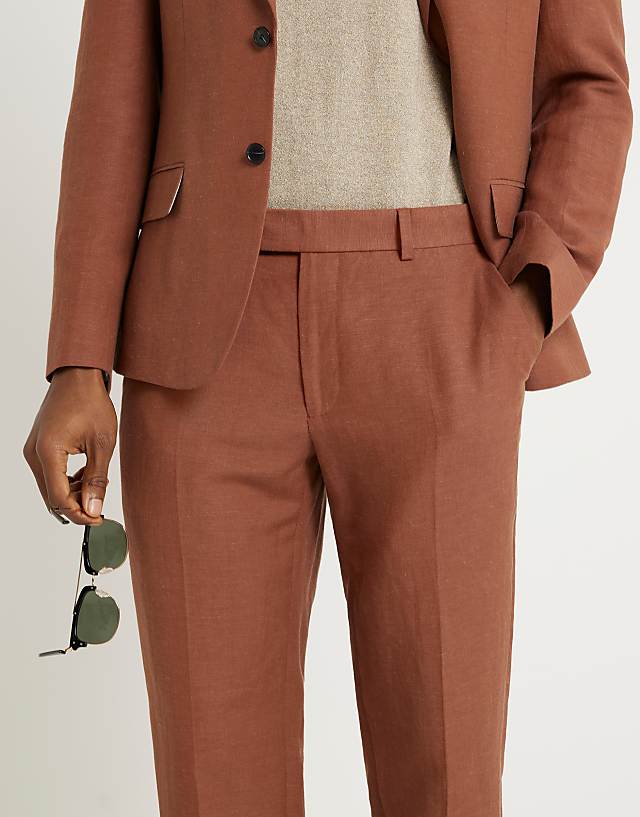 Asos River Island Linen Slim Suit Trouser In Rust