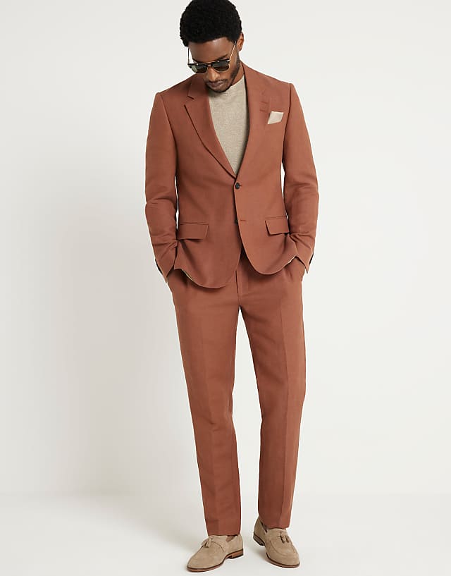Asos River Island Linen Slim Suit Trouser In Rust