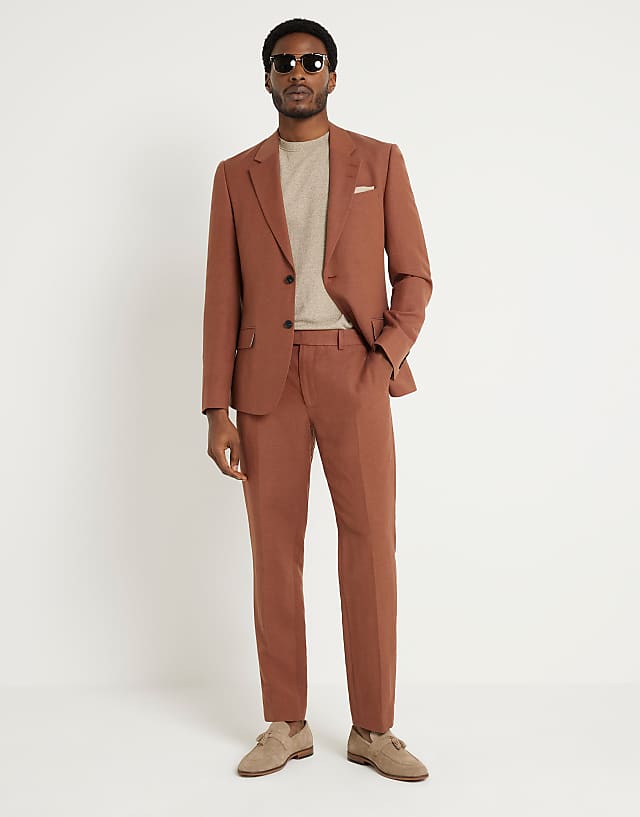 asos River Island linen slim suit trouser in rust