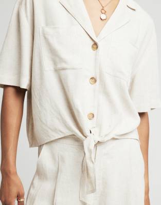 Asos River Island Tie Front Linen Shirt In Beige