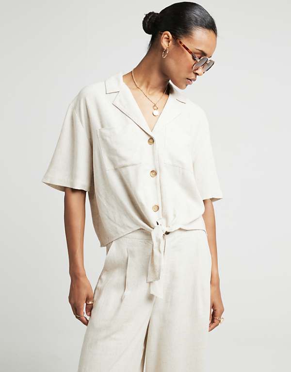 asos River Island tie front linen shirt in beige