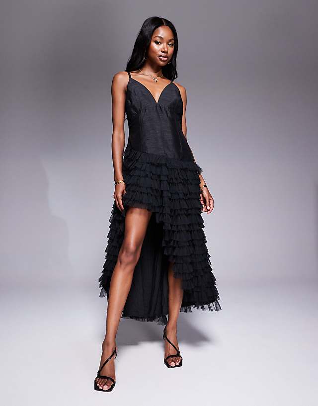 asos River Island tulle ruffle midi dress in black